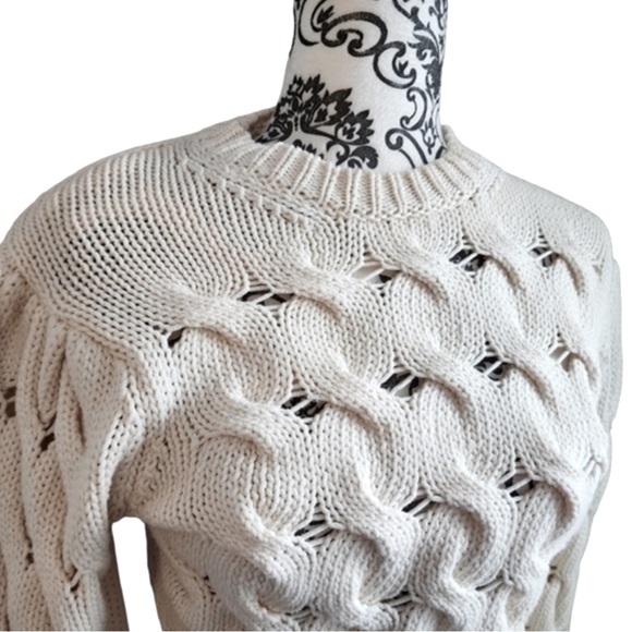 Zara Chunky Cable Knit Sweater Puff/Balloon Sleeves Soft Cotton Ivory/White Med - Picture 3 of 12
